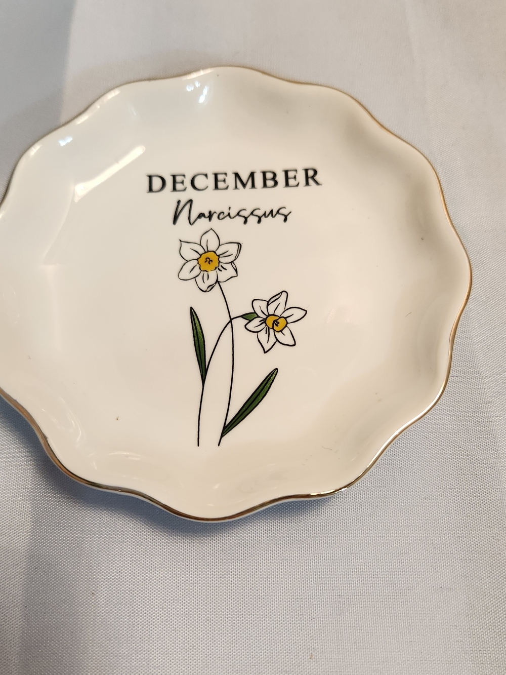 Expressions White Trinket Dish with Gold Trim and Daffodil Motif